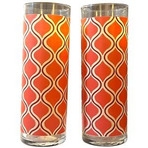 LIBBEY Pair of Vtg Glass Vases Orange Coral Geometric Retro Modern 10"x3.5" USA